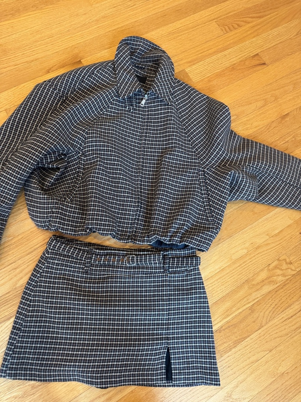 Houndstooth Two-Piece Skirt Set in brown cream and grey